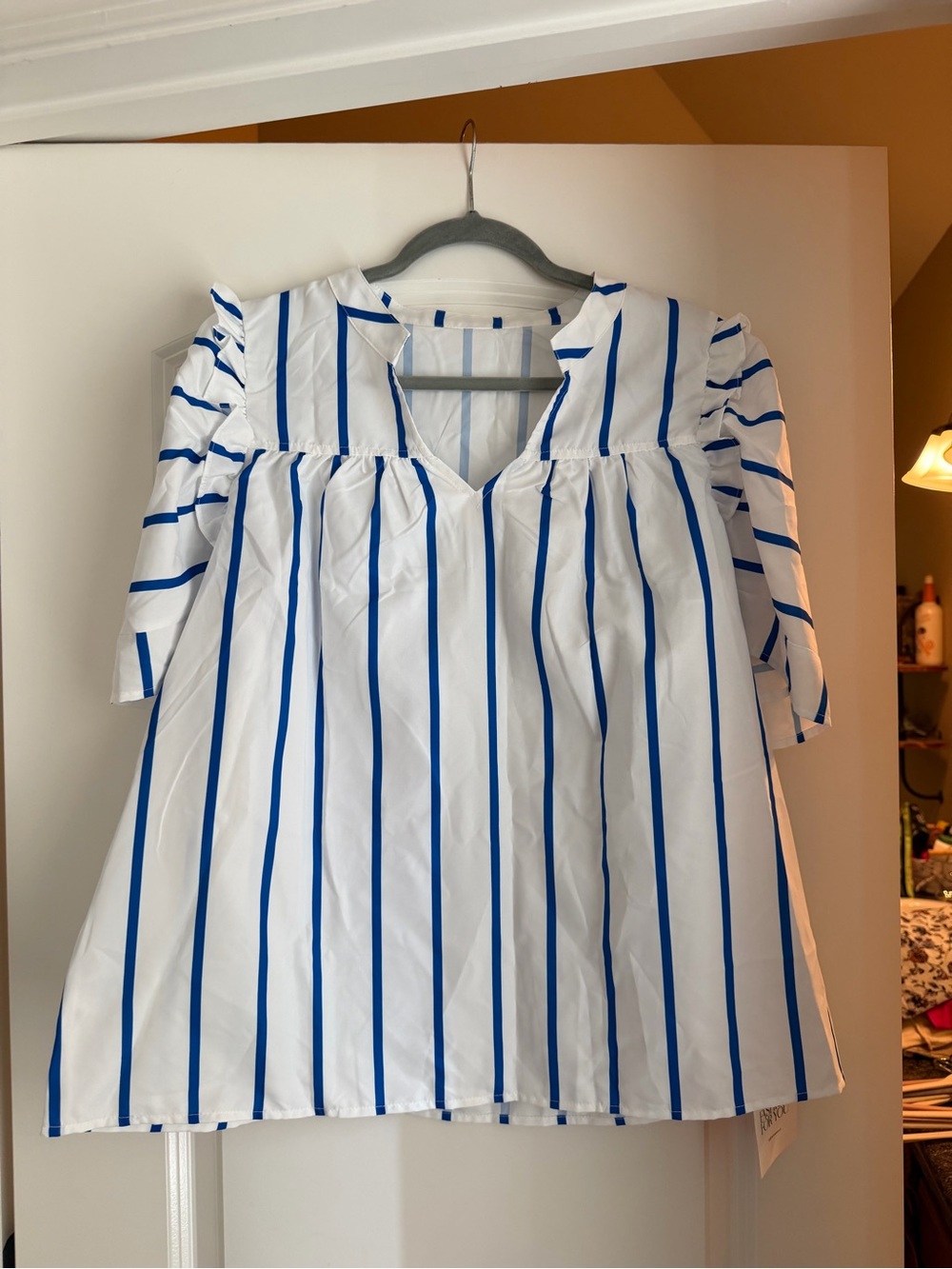 Amazon White Blouse with Blue Stripes
